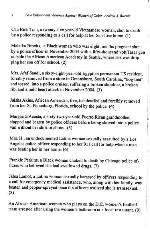 ] Law Enforcment Violence Against Women of Color- Andrea J. Ritchie  Cau Bich Tran, a twenty-five year-ld Vietnamese woman, shot to death by a police responding to a call for help at her San Jose home. (1)  Malaika Brooks, a Black woman who was cight months pregnant shot by a police officer in November 2004 with a fifty-thousand volt Taser gun outside the African American Academy in Seattle, where she was drop- ping her son off for school. (2)  Mrs. Afaf Saudi, a sixty-eight-year-old Egyptian permanent US resident, forcibly removed from a store in Greensboro, South Carolina, “hog-tied” and tossed into a police cruiser, suffering a broken shoulder, a broken rib, and a mild heart attack in November 2004. (3)  Jaisha Akins, African American, five, handcuffed and forcibly removed from her St. Petersburg, Florida, school by the police. (4) i  Margarita Acosta, a sixty-two-year-old Puerto Rican grandmother, slapped and beaten by police officers before being shoved into a police van without her shirt or shoes. (5).  Mrs. H., an undocumented Latina woman sexually assaulted by a Los Angeles police officer responding to her 911 call for help when a man was beating her in her home. (6)  Frankie Perkins, a Black woman choked to death by Chicago police of- ficers who believed she had swallowed drugs. (7)  Jalea Lamot, a Latina woman sexually harassed by officers responding to | a call for emergency medical assistance, who, along with her family, was beaten and pepper-sprayed once the officers realized she is transsexual. |  @®  An African American woman who plays on the D.C. women’s football team arrested after using the women’s bathroom at a local restaurant. (9) 